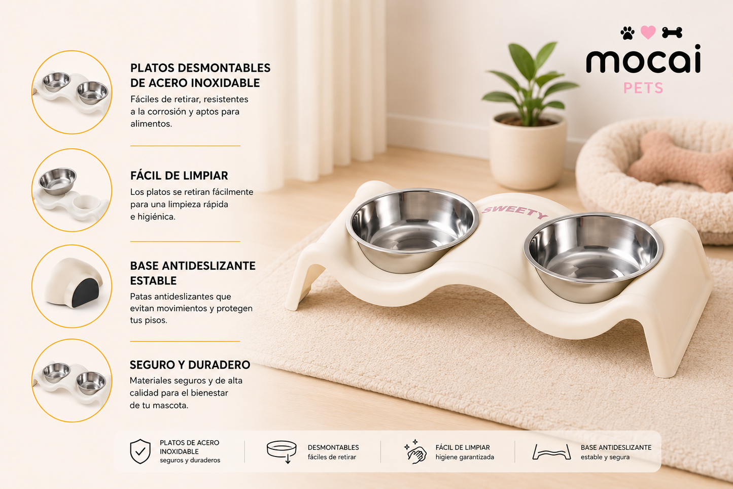 Comedero Elevado Doble para Perros con Platos de Acero Inoxidable